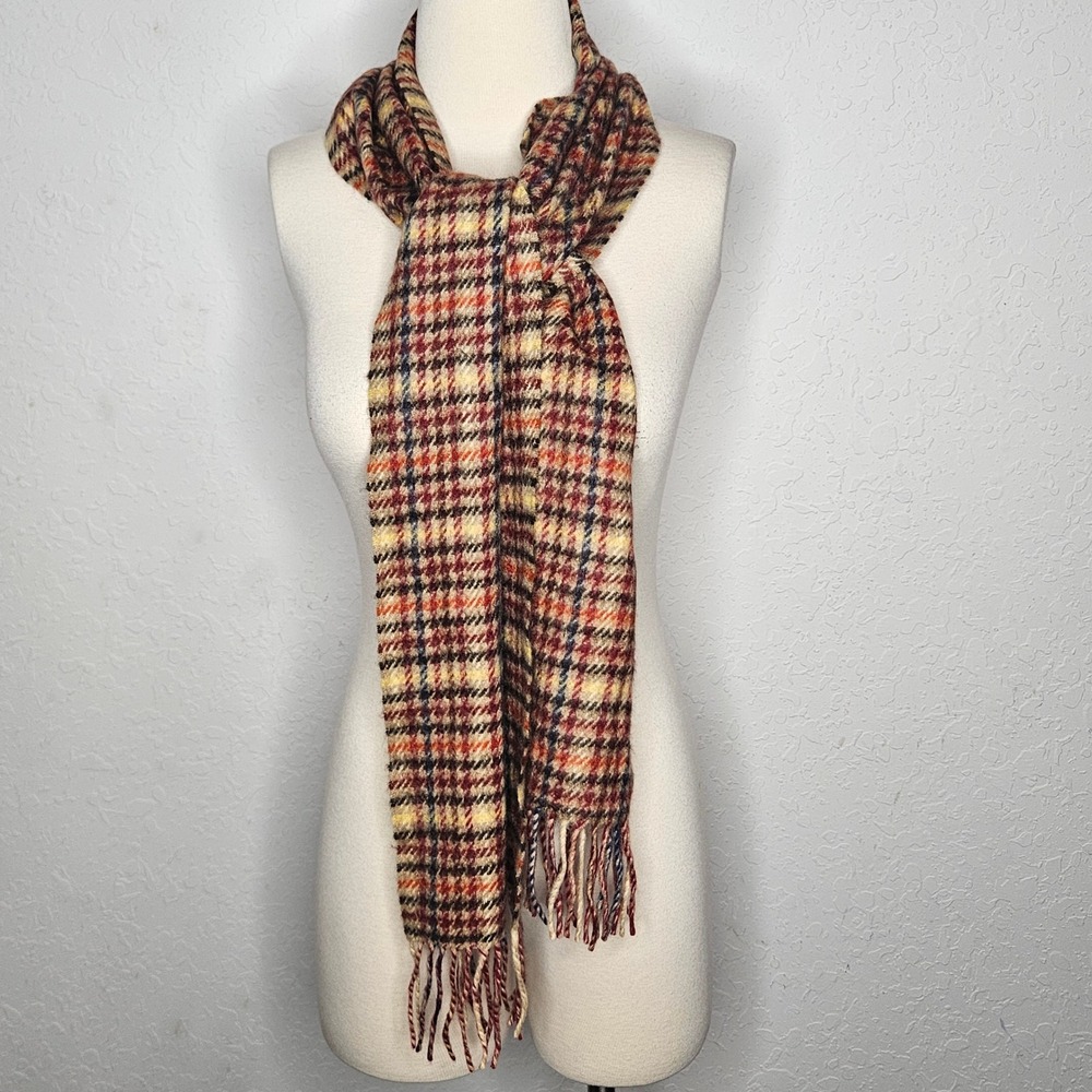 100% Cashmere Plaid Houndstooth Scarf Burgundy Orange Tan Fringe Unisex‎